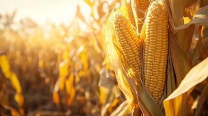 Golden Cornfield Sunset - Harvest Time in the Country - A close-up of ripe corn cobs in a field, bathed in the warm glow of the setting sun. The image symbolizes abundance, harvest, nature's bounty, a