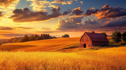 Golden Sunset Over Farmland with Rustic Barn - A picturesque scene of a weathered wooden barn standing alone in a field of golden wheat, bathed in the warm glow of a setting sun. The sky is ablaze wit