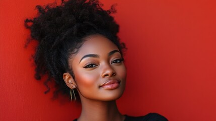 Fototapeta premium A young woman exudes confidence with her defined curls and warm smile, standing against a striking red wall under bright sunlight