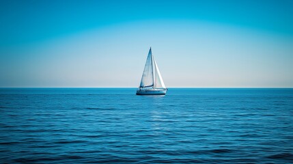 Obraz premium Sailboat gliding across calm blue waters under a clear sky during midday