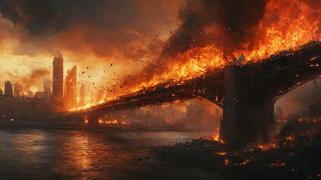 An intense image of a burning bridge with debris falling into a river, surrounded by a war-damaged cityscape, conveying the impact of warfare on infrastructure, with copy space