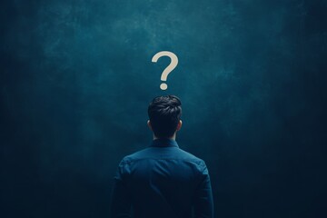 Back view to a thoughtful businessman and a question mark on his head on a dark blue background