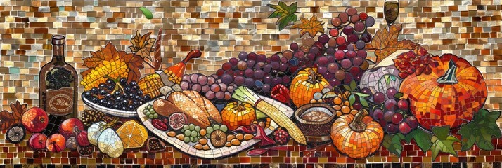 Fototapeta premium mosaic style illustration depicting a Thanksgiving scene, using small colorful tiles to form images of harvest, feasting, and seasonal elements