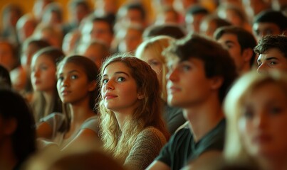 large group of people listening to a lecture or instructions, fictitious happening, Generative AI