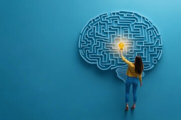 Creative idea and artificial intelligence concept with tini woman switching on light bulb in labyrinth in form of human brain on blue background