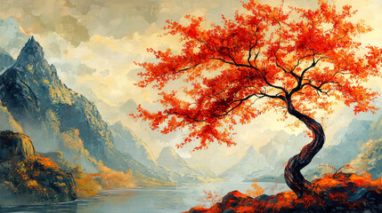 A vibrant and whimsical anime painting of a Japanese maple tree with fiery red and orange leaves against a stylized backdrop of a tranquil river and distant mountains, with copy space