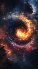 Obraz premium A graphic banner with a digital rendering of a black hole surrounded by colorful cosmic dust and stars, creating a captivating and otherworldly visual effect, and copy space