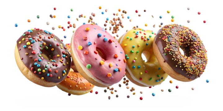 Colorful donuts with chocolate glaze and sprinkles floating mid-air, transparent PNG file