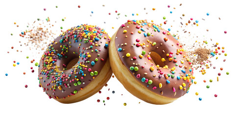 Pair of chocolate donuts with colorful sprinkles isolated on black, transparent PNG file