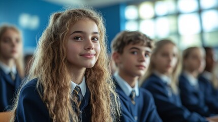 Fototapeta premium Students actively participate in a classroom discussion, radiating enthusiasm and engagement while seated in their smart uniforms