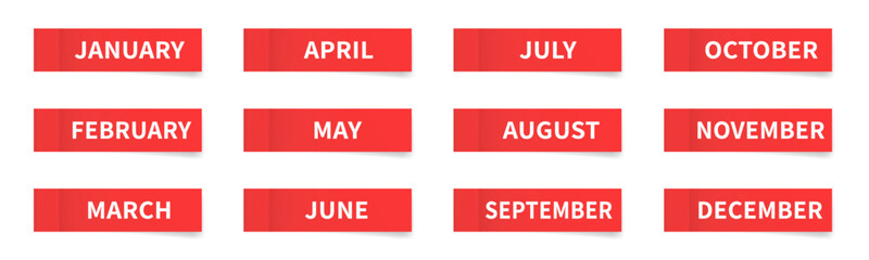 Months of the year. Set of thin paper stickers. Red stick in notes. Sheets of paper. Tag, sticky note. Calendar or planner, schedule organizer. Twelve months
