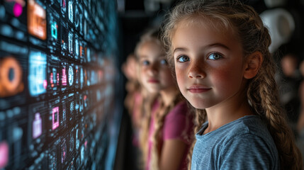 Children engaged in a group activity where they build a digital fortress on a screen, symbolizing strong security practices in an engaging and colorful setting.