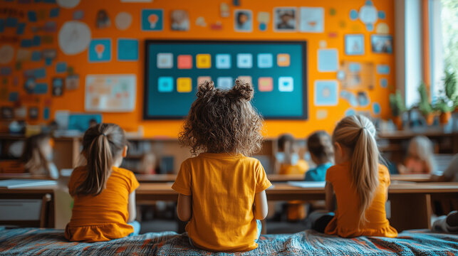 A digital classroom with children participating in a webinar about social media privacy, with vibrant, dynamic graphics illustrating key points.
