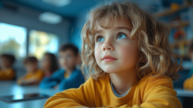 Children gathered around a tablet, learning about online safety with animated characters guiding them through interactive lessons in a bright, futuristic classroom.