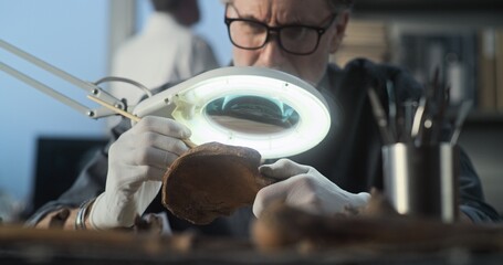 Male scientist or archaeologist cleans fossil remains with brush, examines bones of prehistoric human or animal under magnifying lamp in archaeological laboratory. Colleague works in the background.