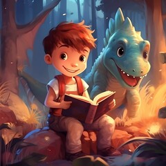 A young boy reads a book beside a friendly dinosaur in a magical forest during dusk