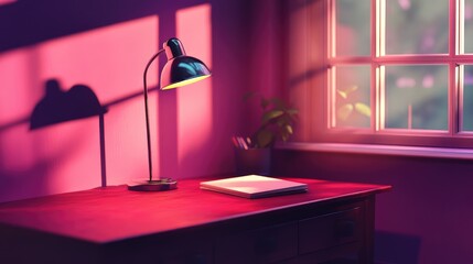 Obraz premium High-resolution interior shot of a desk lamp on a dark red and pink desk, illuminating a notebook, warm lighting, and a window nearby.