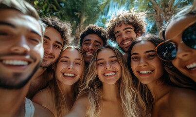 Fototapeta premium Big group of friends taking selfie picture smiling at camera - Laughing young people celebrating standing outside and having fun - Portrait photography of teens guys and girls enjoying, Generative AI