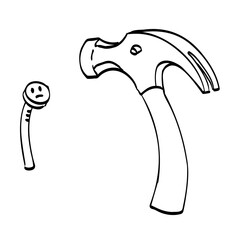 Drawing sketch style illustration of a cartoon hammer hammering a nail viewed from high angle on isolated background done in black and white lineart.