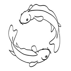 Drawing sketch style illustration of koi or nishikigoi carp fish swimming in a circle on isolated background done in black and white ilne art.