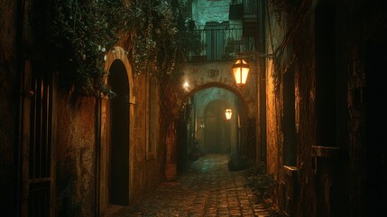 Mysterious Back Alley in Old Town with Glowing Street Lights - A narrow, cobblestone alleyway in an old town, shrouded in mist and illuminated by warm, glowing streetlights. The atmosphere is both mys