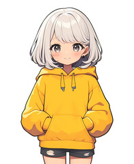 Una joven con cabello plateado luce un estiloso su&eacute;ter amarillo mientras sonr&iacute;e, en un entorno urbano iluminado por la luz del d&iacute;a, transmitiendo alegr&iacute;a y frescura