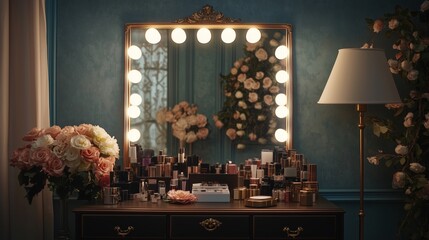 Elegant vanity with floral arrangement and makeup collection in a well-lit room