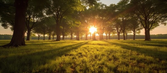 Obraz premium Sunbeams Through Trees in a Meadow