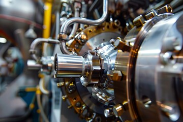 Obraz premium High-tech particle accelerator equipment with glowing lights and intricate metal components, showcasing cutting-edge scientific technology.