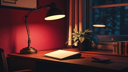 Product photo of a desk lamp casting soft light on a notebook, dark red and pink tones, wooden furniture, window on the side, warm atmosphere.