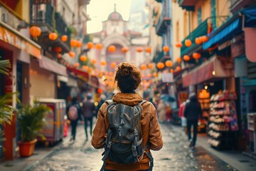 Obraz premium Traveler with a backpack walking through a lively street at night, surrounded by vibrant lights and signs in an Asian city