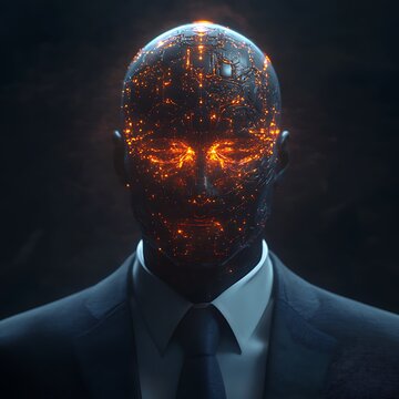 Artificial intelligence businessman with holographic brain head representing advanced business intelligence, futuristic technology concept, professional setting