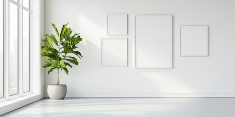 Minimalist Interior with Large Window, Green Plant, and Blank Picture Frames on White Wall
