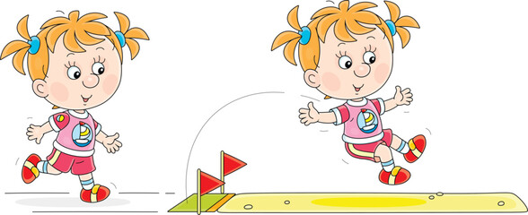 Cheerful little girl in a long jump with a running start in competitions on a sports ground, vector cartoon illustration isolated on a white background