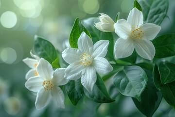 Fototapeta premium A bouquet of white flowers with green leaves