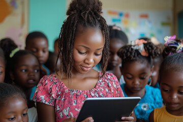 Engaged students explore digital learning in a vibrant classroom environment