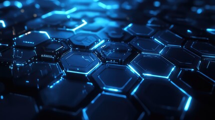 Fototapeta premium Abstract tech background with geometric hexagons, circuits, dark blue and grey tones, and glowing electric blue accents.