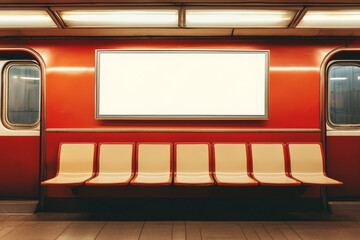 A striking red subway interior features an empty advertising space and vacant seats inviting quiet reflection during a bustling commute