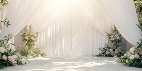 Elegant Outdoor Wedding Venue with White Drapes, Floral Arrangements, and Sunlight
