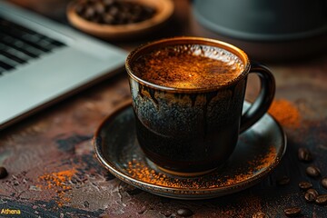 A cup of coffee with a brown lid and a saucer sits on a table