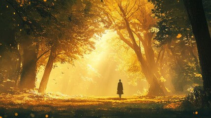 Solitary Figure Walking Through Golden Autumn Forest - A lone figure walks through a sun-drenched forest with vibrant autumn foliage. The warm light creates a sense of peace and tranquility, as the le