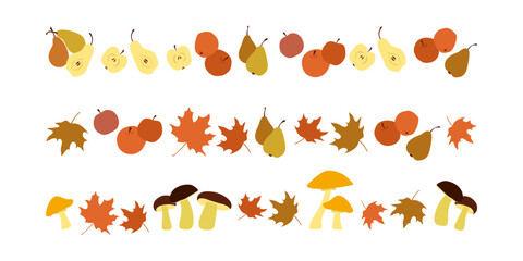 Fototapeta premium Set of autumn leaves and fruits pattern line. Fall orange leaves and mushrooms. Decorations for Back to School, Halloween, Thanksgiving. Fall border lines from autumn leaves, ripe apples and pears.