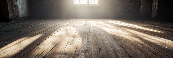 Sunbeams Streaming Through Window Onto Wooden Floor - Sunbeams illuminate a rustic wooden floor, symbolizing hope, new beginnings,  a path forward, and a sense of warmth and light.