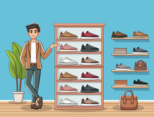 Customers are being shown a wide array of classic and athletic shoes by the salesperson inside the store. Pro Vector
