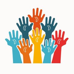 Obraz premium Colorful raised hands in vibrant hues symbolizing unity and diversity against white background