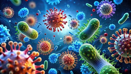 Microscopic view of bacteria and viruses on a dark blue background, illustrating the concept of infection, disease, and microbiology with 3D illustration elements.