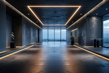A long hallway with a statue in the middle and a window on the wall