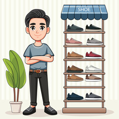 Customers are being shown a wide array of classic and athletic shoes by the salesperson inside the store. Pro Vector
