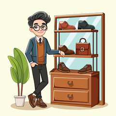 Customers are being shown a wide array of classic and athletic shoes by the salesperson inside the store. Pro Vector
