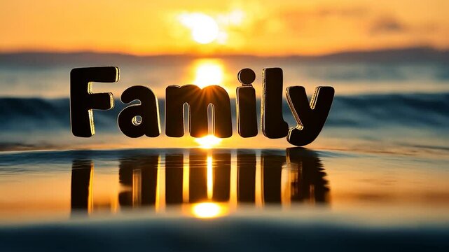 The word family is floating on water with the sun setting in the distance, casting a warm glow on the scene. The water is calm and reflects the word, creating a sense of peace and tranquility